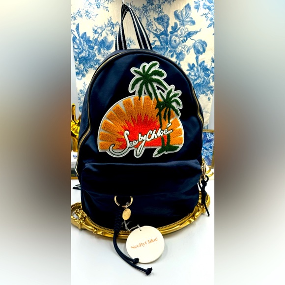 🆕 SEE BY CHLOE 🧿 NWT Blue Satin Palm Trees Decal Backpack - Picture 2 of 16